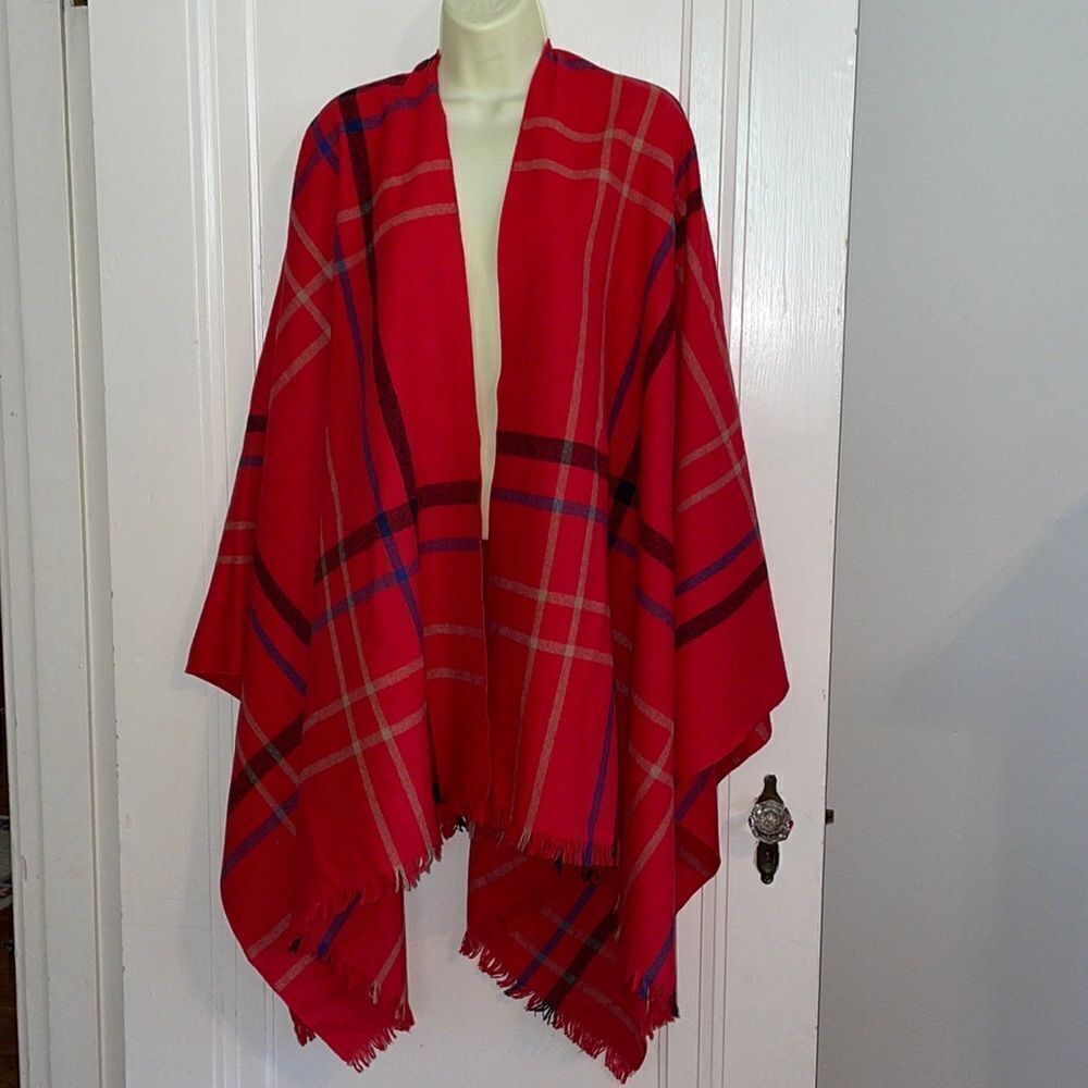 Vtg 80s Randi & Ginger for Two Blondes red plaid wool/polyester cape wrap
